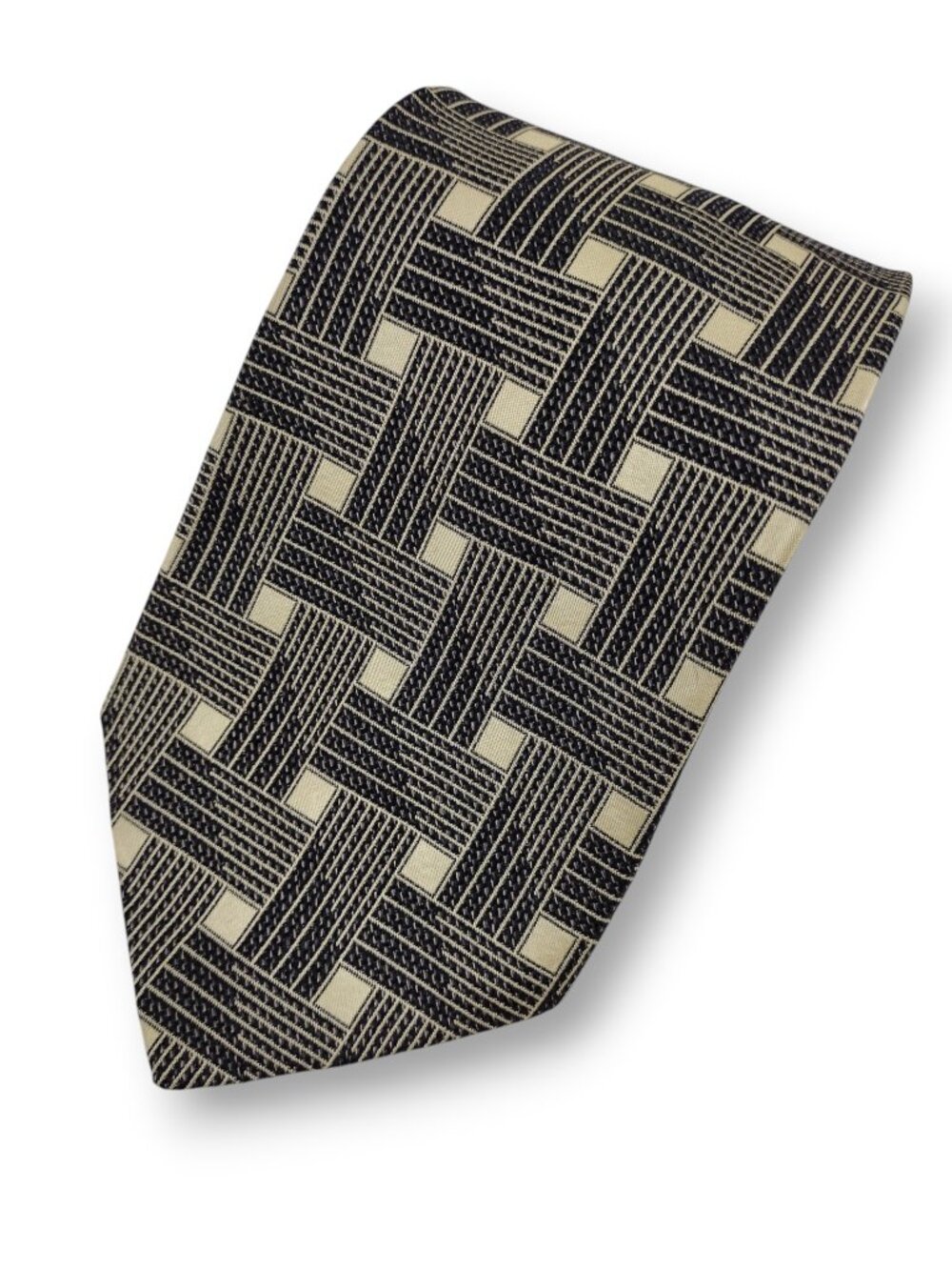 Vintage Paul Fredrick Italian Silk Black and Tan Geometric Necktie 4 x  57